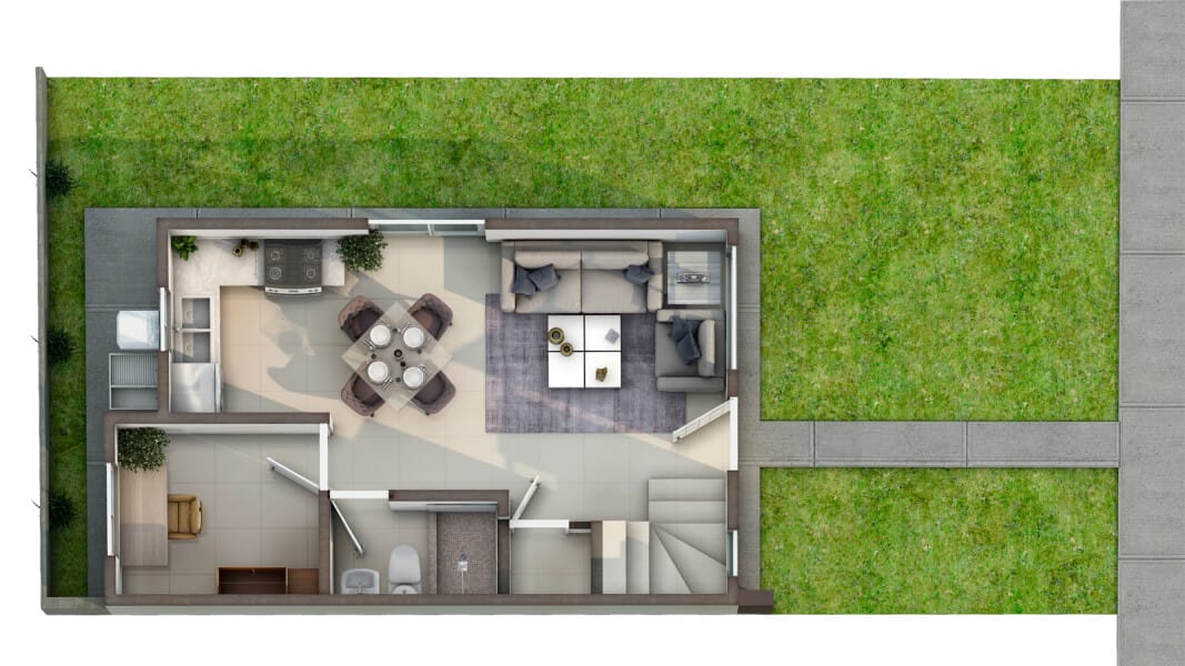 Plantas arquitectónicas de planta baja del modelo Milán en el fraccionamiento Valle Condesa Sector Irlandés de la inmobiliaria Javer