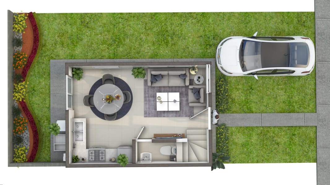 Planta arquitectonica de la planta baja del prototipo Águila Real en el fraccionamiento Pilares la Puerta de la inmobiliaria Javer