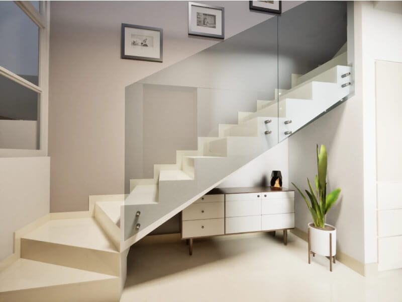 Escalera con barandal de cristal en modelo Aura Elite del fraccionamiento Bosques de la Sierra de la inmobiliaria Javer