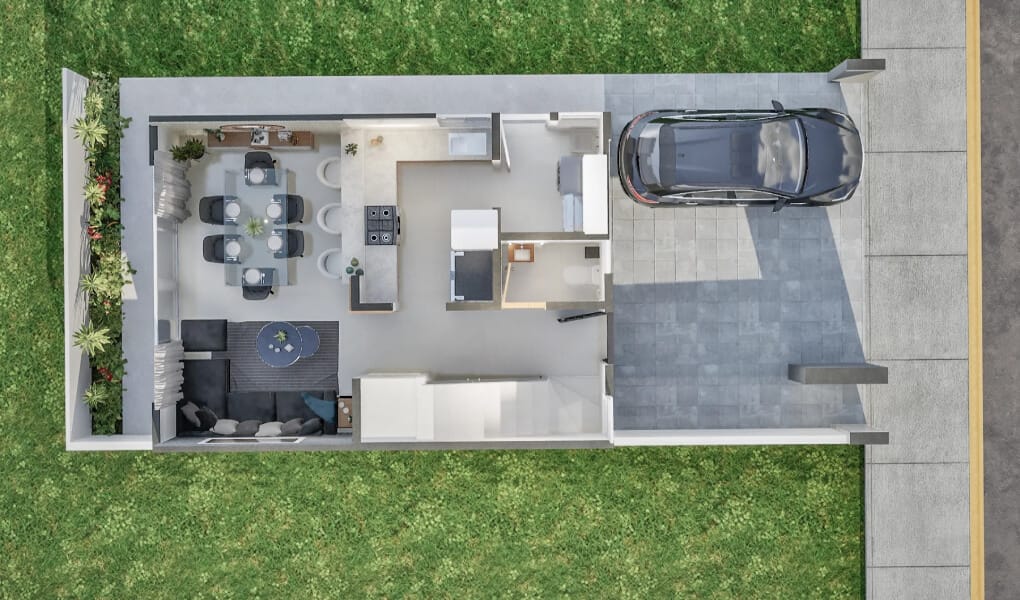 Planta arquitectónica planta baja del modelo Aura Elite del fraccionamiento Bosques de la Sierra de la inmobiliaria Javer