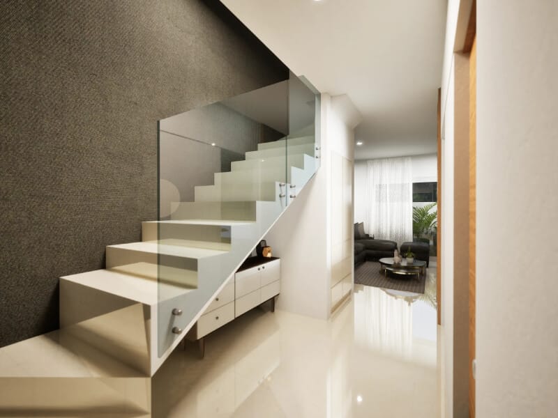 Escalera con barandal de cristal del modelo Aura Elite con 3 niveles del fraccionamiento Bosques de la Sierra de la inmobiliaria Javer