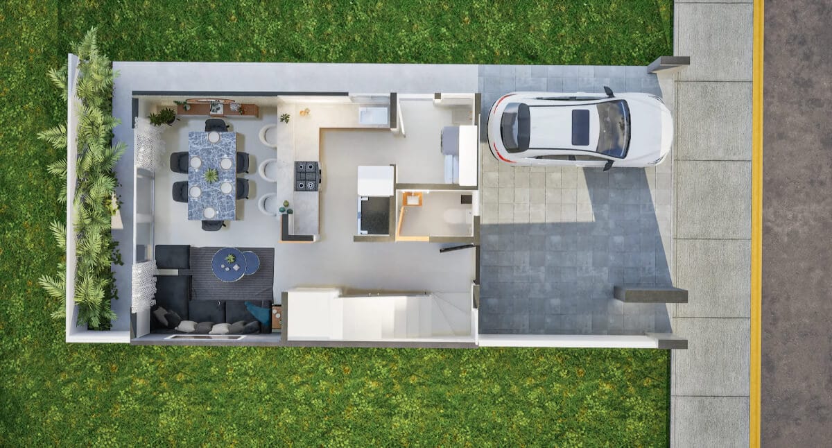 Planta arquitectónica de planta baja en el modelo Aura Elite con 3 niveles del fraccionamiento Bosques de la Sierra de la inmobiliaria Javer