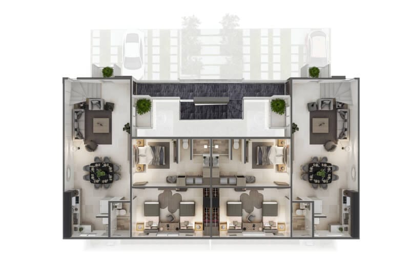 Planos arquitectónicos del segundo nivel de departamentos en el fraccionamiento Cumbre Mezquite de la inmobiliaria Javer