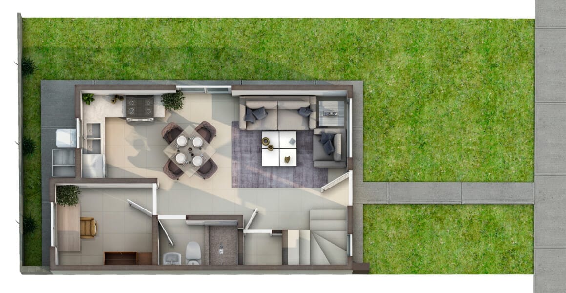 Planta arquitectónica de la planta baja del modelo Milán en el fraccionamiento Cumbre del Norte de la inmobiliaria Javer