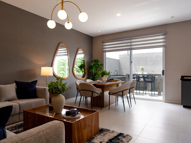 Sala y comedor del modelo Málaga del fraccionamiento Allegro en inmobiliaria Javer