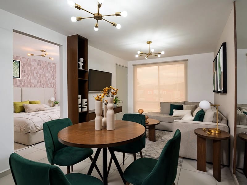 Comedor con sala del modelo Verona del fraccionamiento Paseo San Francisco en inmobiliaria Javer