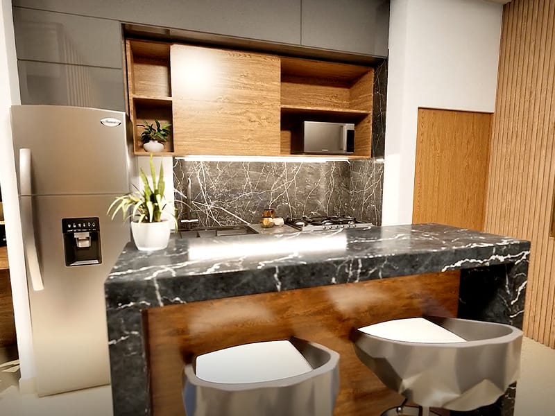 Cocina del departamento modelo A en el fraccionamiento Amaire de la inmobiliaria Javer