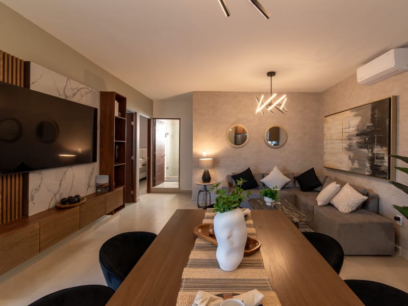 comedor y sala de los departamentos del fraccionamiento Cumbre Mezquite de la inmobiliaria Javere la inmobiliaria Javer