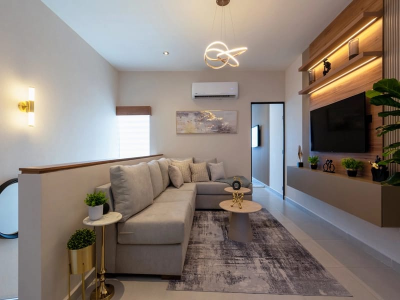 Estancia con TV del modelo Aura Elite del fraccionamiento Misión de los Ángeles en inmobiliaria Javer