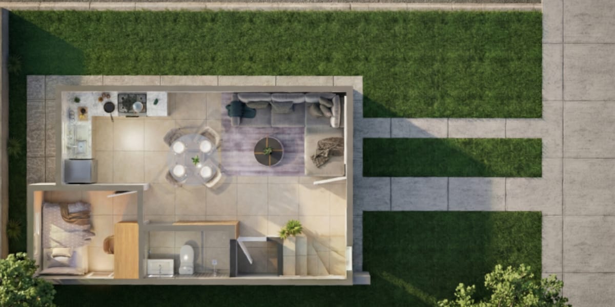 Planos arquitectónicos planta baja del modelo Milán en el fraccionamiento Valle de los Encinos de la inmobiliaria Javer