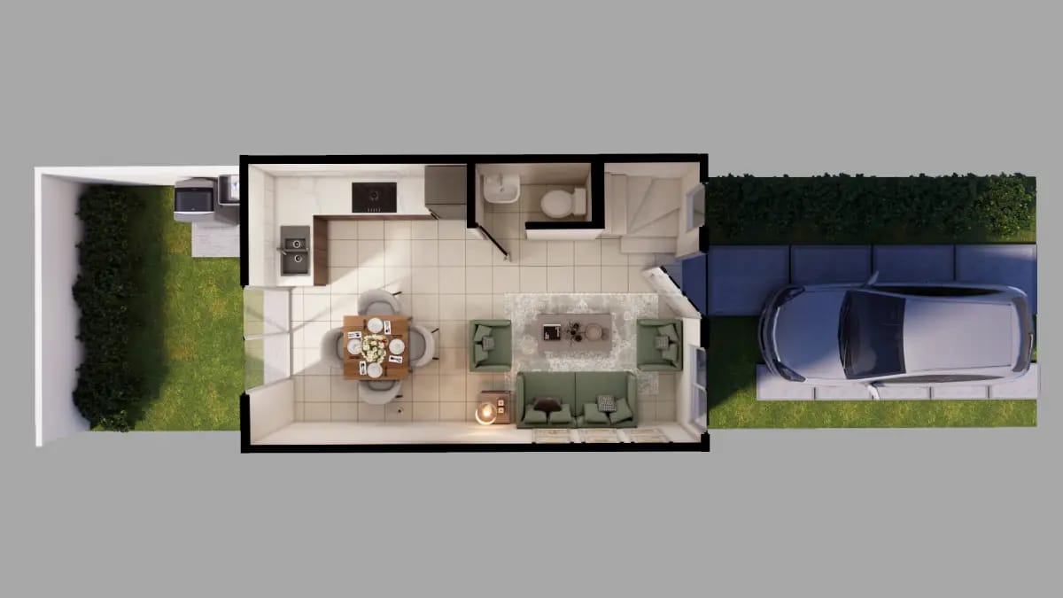 Planta baja del modelo Águila en el fraccionamiento Paseo San Francisco de la inmobiliaria Javer