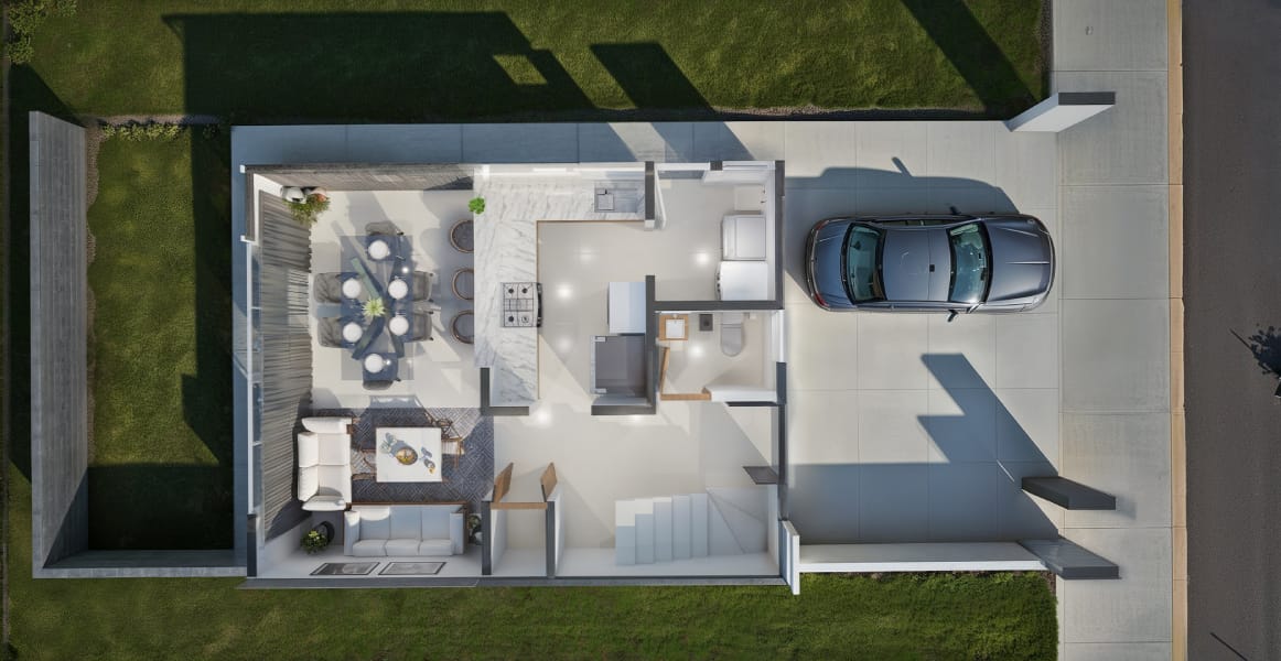 Planta arquitectónica baja de la vivienda en el fraccionamiento Xandora Residencial, prototipo Aura Elite de Javer