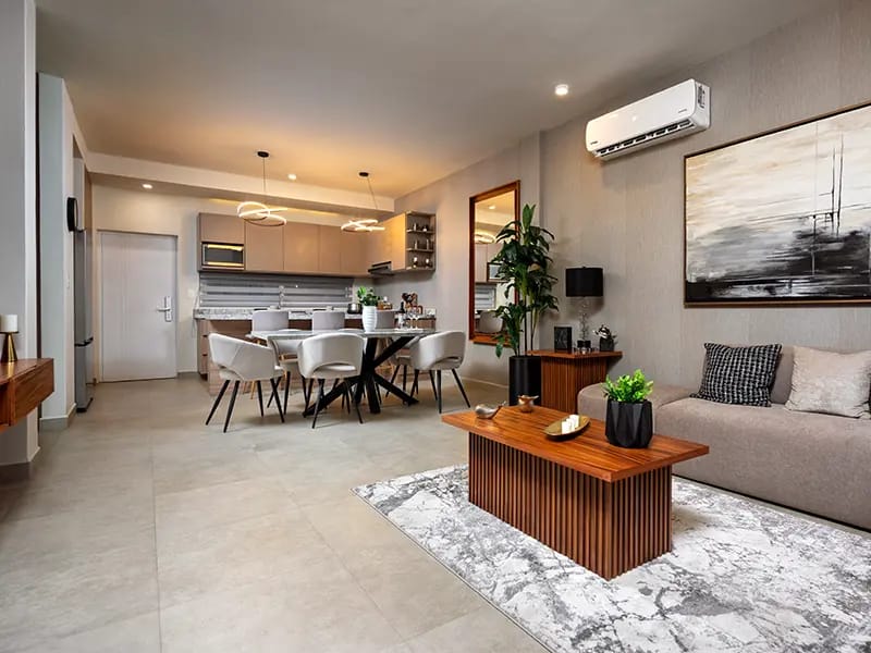 Sala comedor del departamento modelo C en el fraccionamiento Amaire de la inmobiliaria Javer