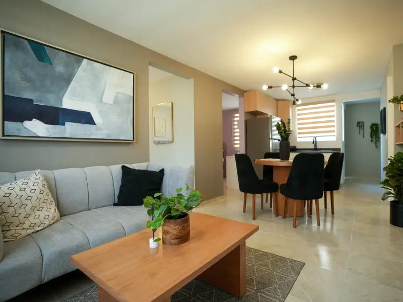 Sala con comedor del modelo Antares del fraccionamiento Paseos del Roble en Inmobiliaria Javer