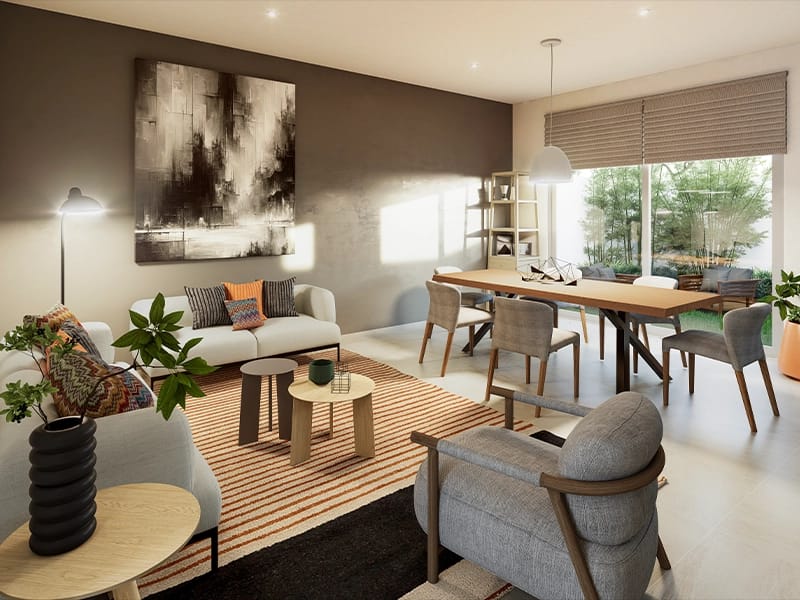Sala y comedor del modelo Málaga del fraccionamiento Allegro en inmobiliaria Javer