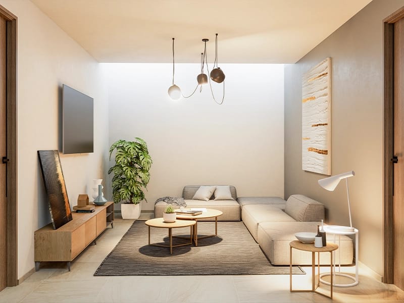 Sala con TV del modelo Málaga del fraccionamiento Allegro en inmobiliaria Javer