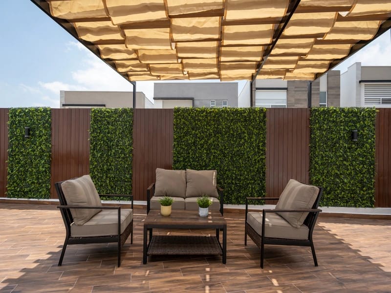 Terraza techada del modelo aura elite Premier en fraccionamiento Xandora de la inmobiliaria